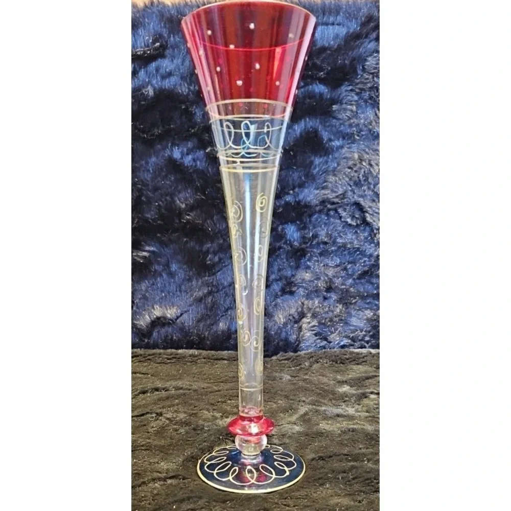 Vintage Pier 1 5-Glass Champagne Flutes Hand Painted & Blown 3-rings 8Pc. 11.5